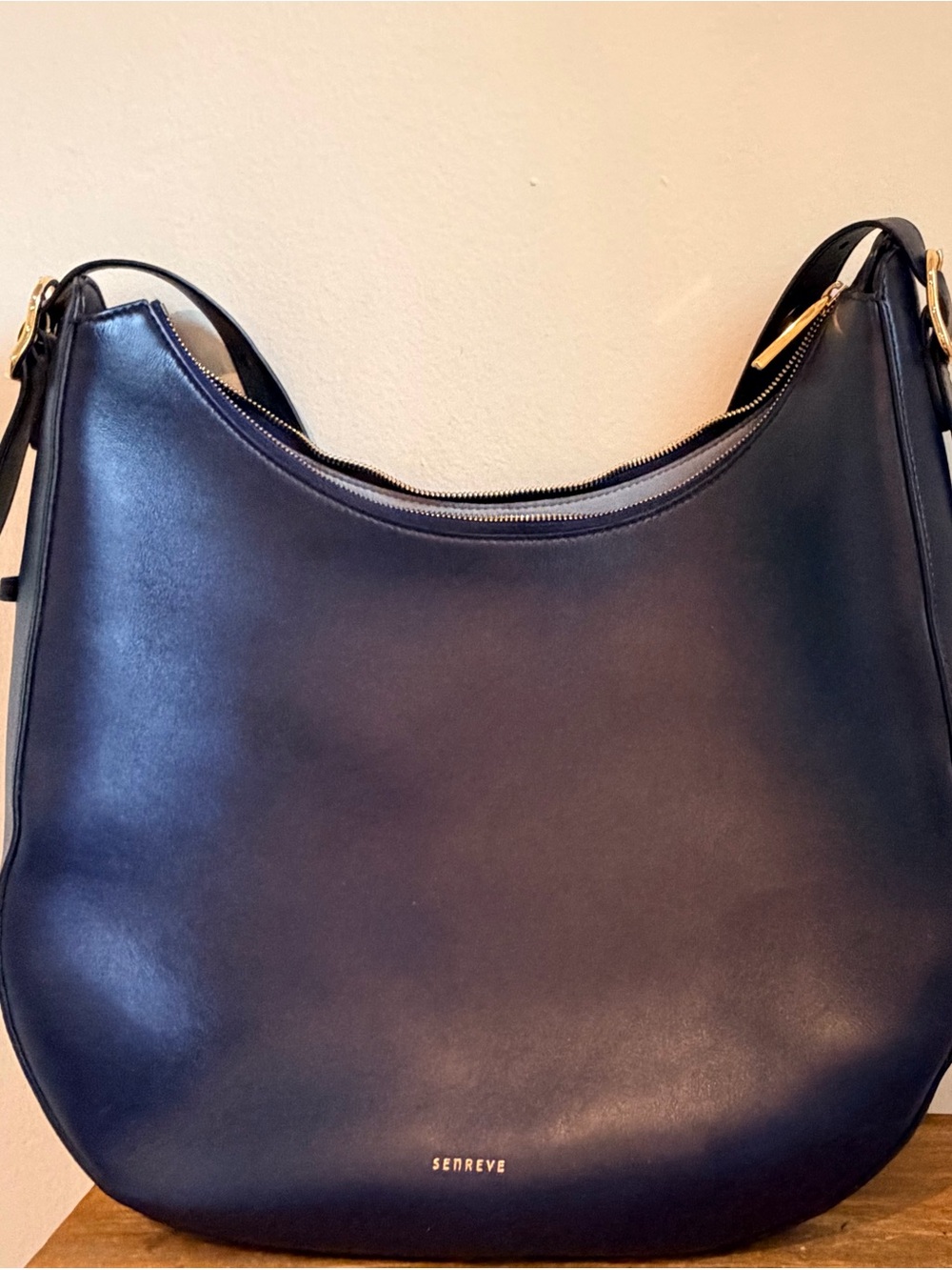 Senreve Deep Navy Curved Leather Hobo with Gold Accents